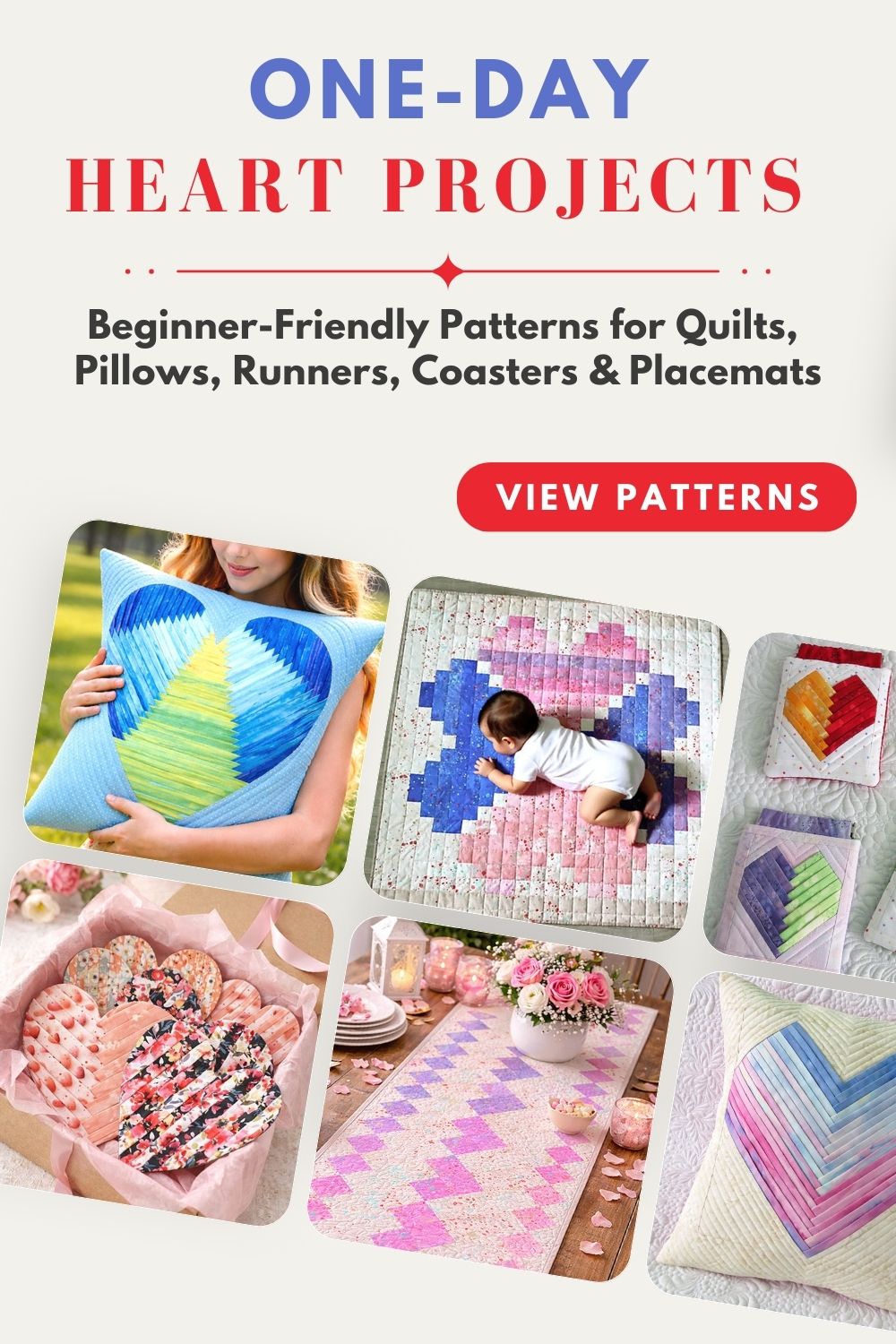 One-day heart quilts, pillows, runners, coasters and placemats